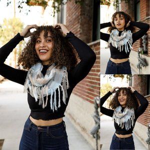 Loose Gingham Tassel Drop Infinity Scarf